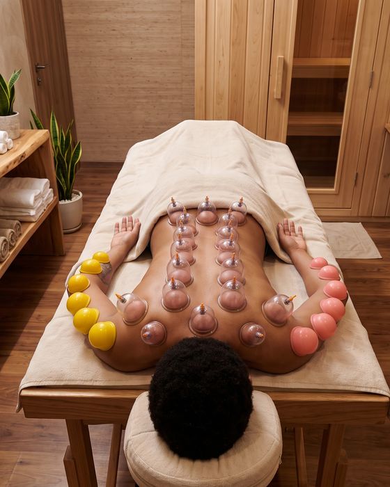 A client receiving a full-back dry cupping therapy session at Healing Touch