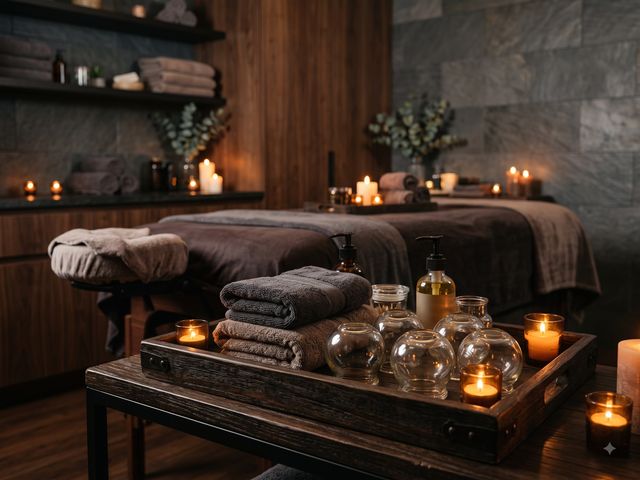 Candlelit treatment room at Healing Touch with a massage table and a tray of glass cupping sets